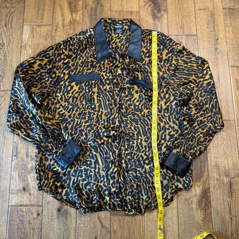 VTG Braefair 100% Silk Leopard Print Blouse Leather Trim Long Sleeves Womens 16 - Picture 3 of 5